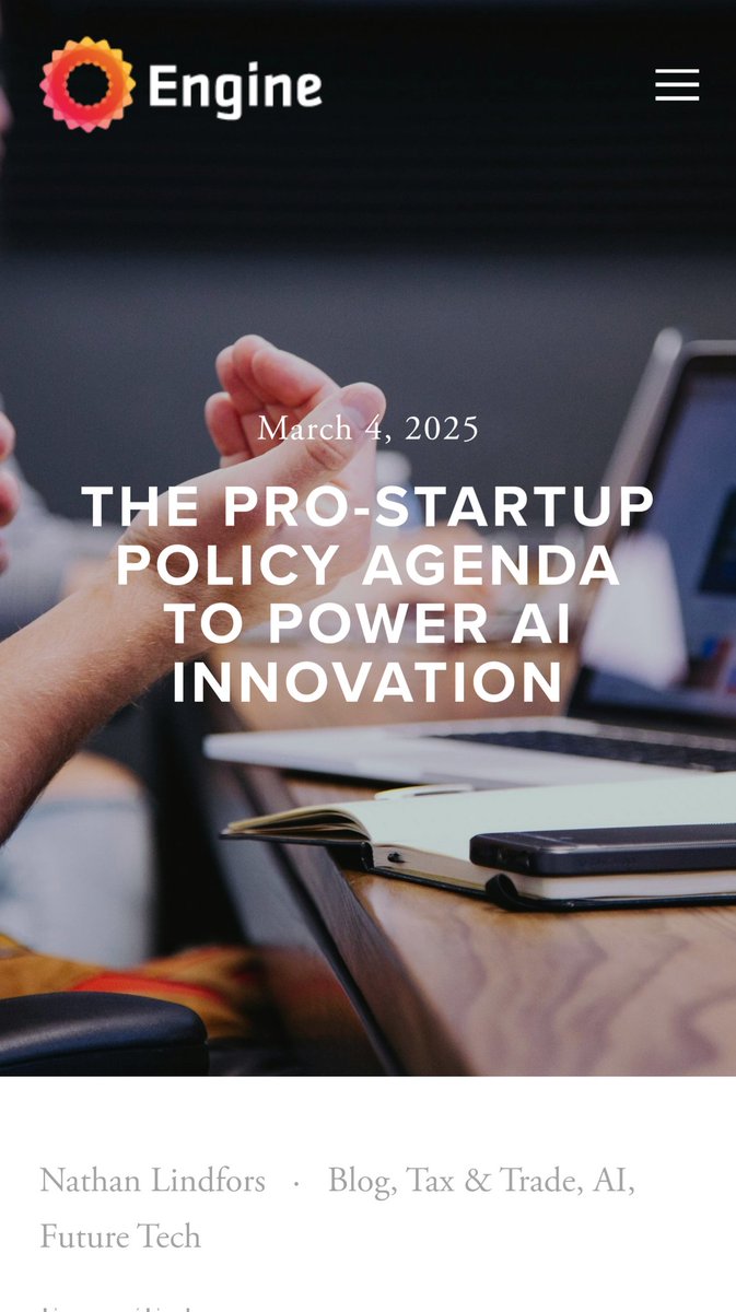outstanding new <a href="/EngineOrg/">Engine</a> piece by <a href="/NathanLindfors/">Nathan</a> on
"The pro-startup policy agenda to power AI innovation."
 Highlights the enormous potential costs of over-regulation on Little Tech community.