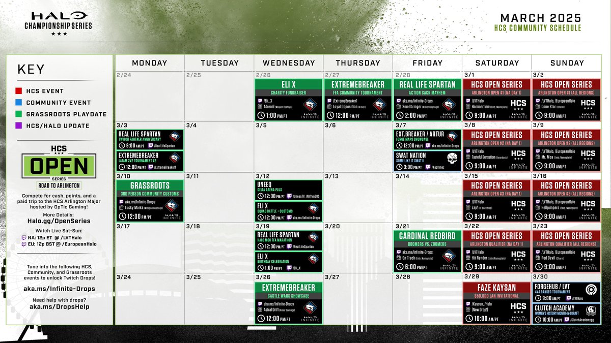📅 March 2025

There's no shortage of <a href="/Halo/">Halo</a> events to join this month!

🏆 #HCSOpenSeries
💰 <a href="/kaysan/">FaZe Kaysan</a> $50K Invitational
🎮 Community Events &amp; Playdates