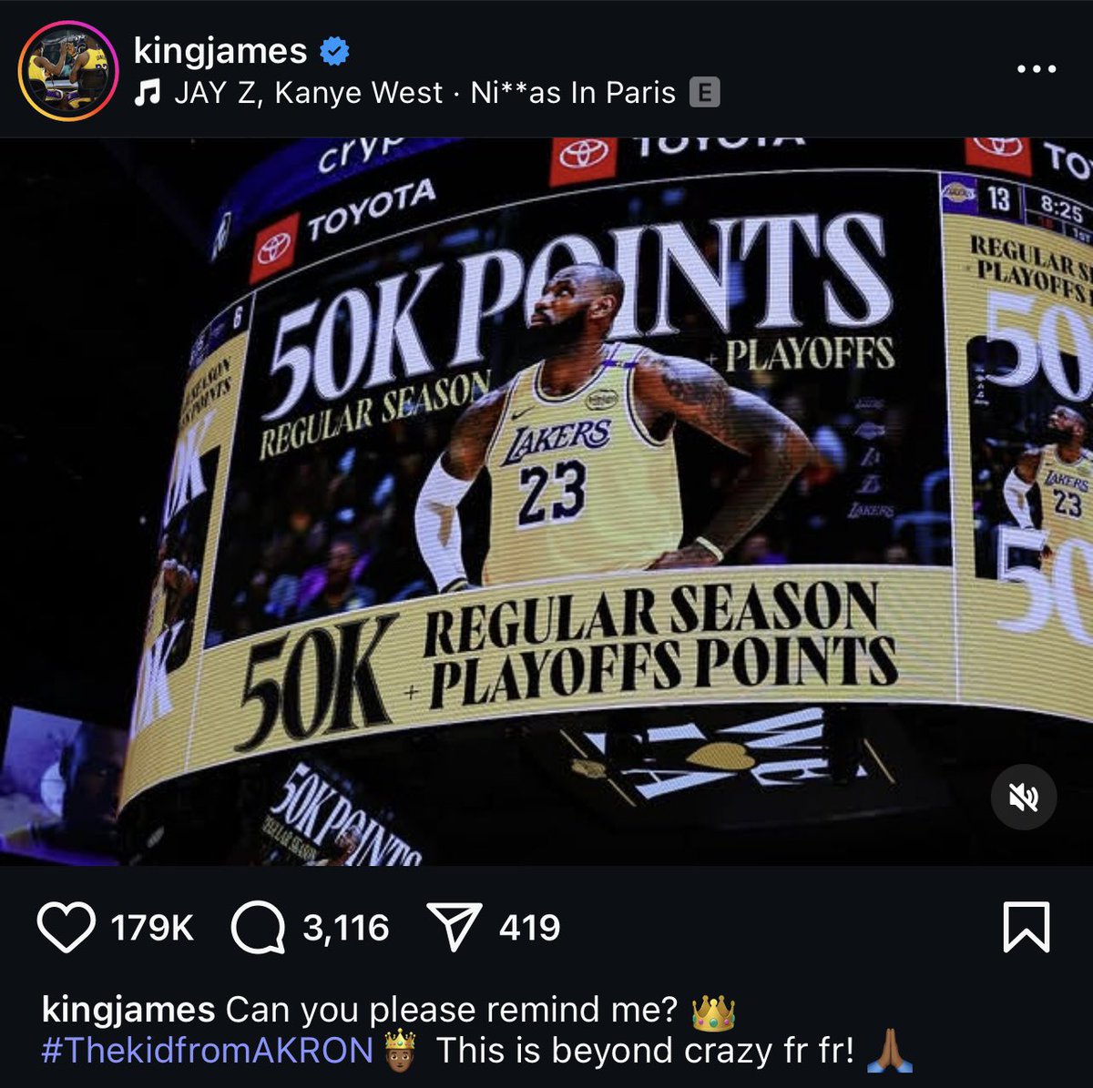 LeBron James used “Ni**as in Paris” by Jay-Z and Kanye West in his latest IG post celebrating 50K combined career points. 👑🐐