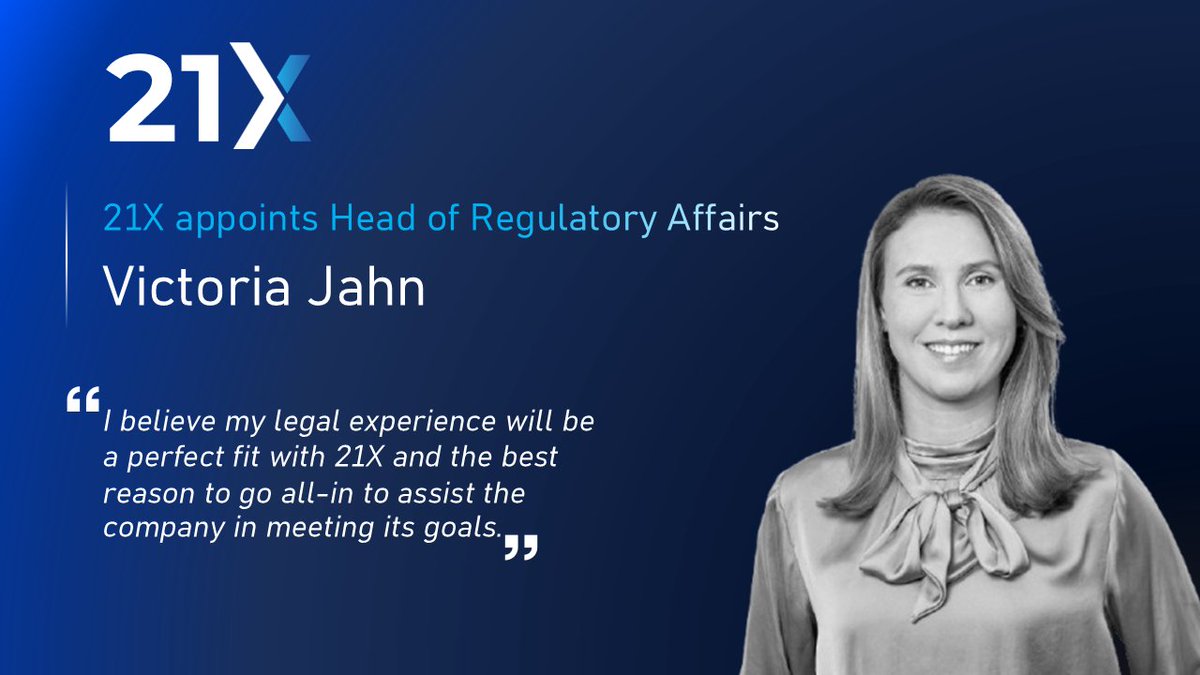 21X - European DLT Exchange (@tradeon21x) on Twitter photo <a href="/tradeon21x/">21X - European DLT Exchange</a> today announced another senior appointment to the company as Victoria Jahn joins us as Head of Regulatory Affairs. This strategic appointment underscores 21X’s commitment to navigating the complex regulatory landscape of digital assets and ensuring compliance as we <a href="/tradeon21x/">21X - European DLT Exchange</a> today announced another senior appointment to the company as Victoria Jahn joins us as Head of Regulatory Affairs. This strategic appointment underscores 21X’s commitment to navigating the complex regulatory landscape of digital assets and ensuring compliance as we