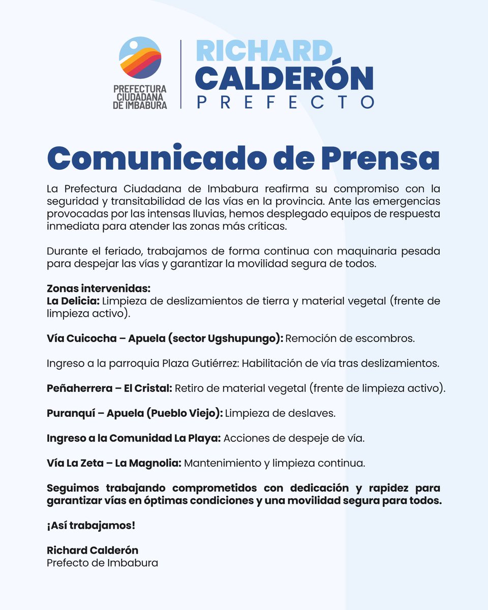 <a href="/RichardImbabur1/">Richard Calderón</a>, Prefecto de Imbabura, desplegó el contingente emergente para atender de manera inmediata las emergencias viales en la provincia durante el feriado, brindando soluciones oportunas ante las afectaciones causadas por fuertes lluvias.

#PrefecturaCiudadanaImbabura