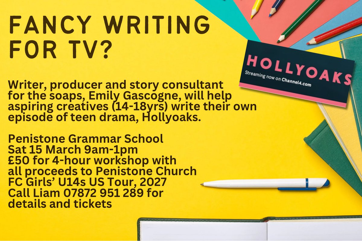 TV SOAPS COME TO PENISTONE! Eastenders, Corrie, Emmerdale &amp; Hollyoaks, 3x BAFTA nominee &amp; winner of the Broadcast Award &amp; RTS Award for Continuing Drama, writer, producer &amp; story consultant, Emily Gascoyne is giving a four hour workshop as part of #penistoneartsweek #penistone