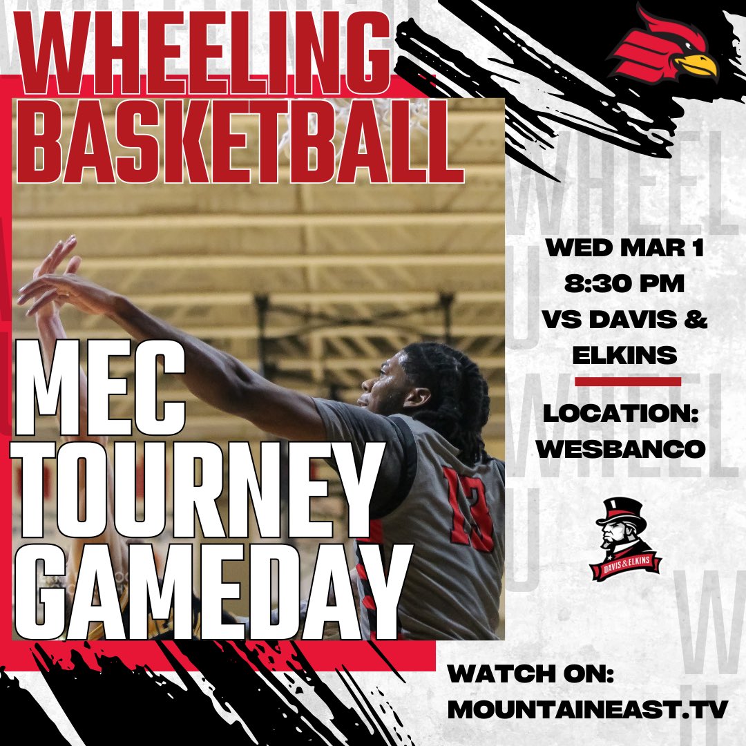 🚨Gameday!

The MEC Conference Tournament is Here!

🆚 Davis &amp; Elkins
📍 Wesbanco Arena, Wheeling, WV
⏳ Mar 5, 8:30 pm
📺 mountaineast.tv/?B=2187212

#TheWheelingWay | #WheelU 🔴⚫️