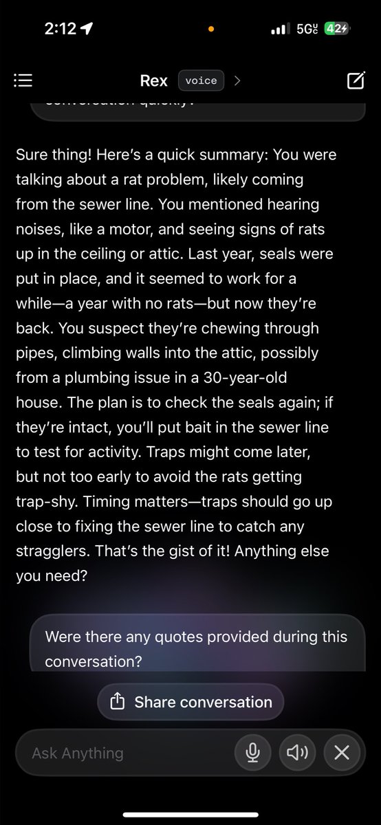 I asked <a href="/xai/">xAI</a> <a href="/grok/">Grok</a> to silently listen to my conversation with a pest inspector.  I gave Grok a code word so they would know when they were finished.  When the inspector left, I asked grok to summarize the conversation after providing it the code word 🤯