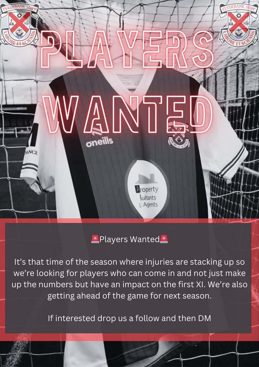 🚨Players Wanted🚨

Retweets appreciated 🙏

<a href="/GlasCollegesFA/">Glasgow Colleges FA</a> 
<a href="/ftsc0res/">fulltimesc0res</a> 
<a href="/scottish_aff/">AmateurFixturesResultsSCO</a>