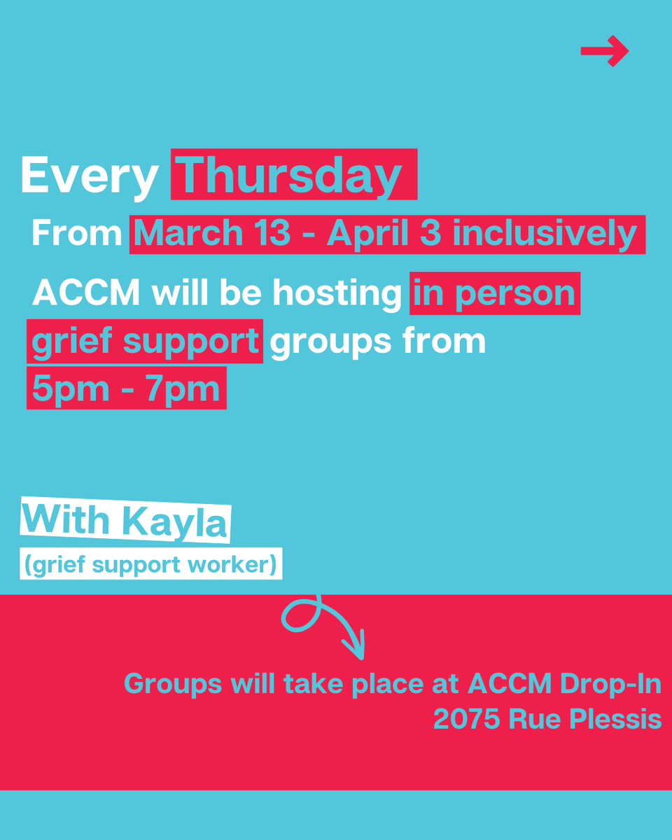ACCMTL's tweet photo. 💗Grief Support with Kayla 💗
Workshop Series
THURSDAYS, March 13 to April 3rd
5 to 7 PM

Join us for group meetings lead by a grief counsellor. This is a series of meetings offered to our members only.

Register now ➡️ https://t.co/5N1zDntuSQ https://t.co/sfUAGfd5Im
