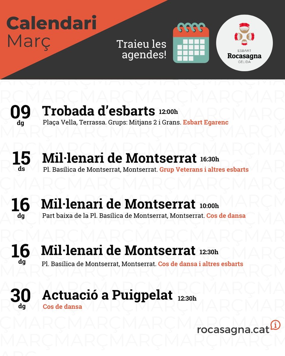 👋🏻 Ei, traieu les agendes i apunteu que aquest mes està ple de danses i actuacions‼️

Aquest mes de març surten a ballar des dels més petits als més grans així que us hi esperem!😉