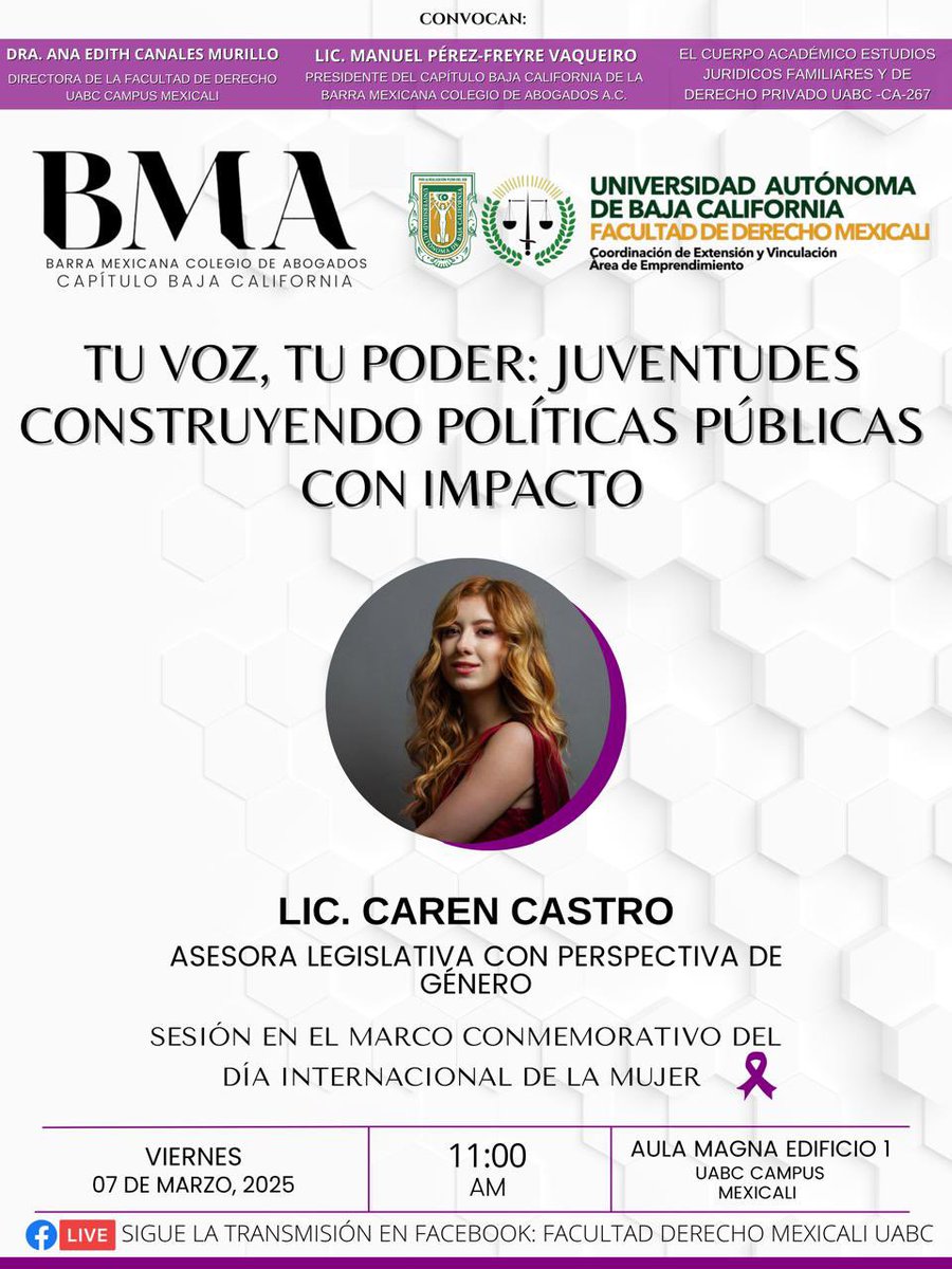 Les invitamos a la sesión que tendremos el próximo viernes 7 de marzo en la UABC Mexicali <a href="/UABC_oficial/">UABC_oficial</a> con motivo del Día Internacional de la Mujer. “Tu voz, tu poder: Juventudes construyendo políticas públicas con Impacto”.