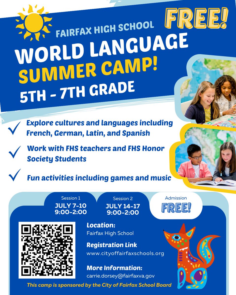 The City of Fairfax School Board is proud to sponsor the FHS World Language Summer Camp! This free camp is open to all rising 5th– 7th grade students in the FHS pyramid. To register, please go to our website. cityoffairfaxschools.org/apps/form/Worl…