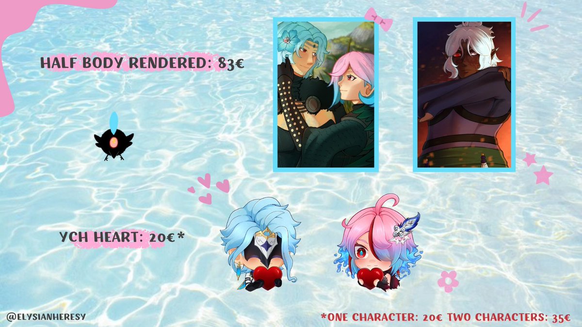 ElysianHeresy's tweet image. New and updated comm sheet is finally here! You can read the ToS in the post below 👇
But for any question about anything, feel free to send me a DM and I'll happily reply to you 🫶
Any interaction, likes and reposts, on this post are very very much appreciated, thank you! 🩷