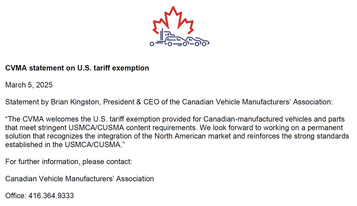 cvma_ca's tweet image. Statement by Brian Kingston, President &amp;amp; CEO of the Canadian Vehicle Manufacturers’ Association, on U.S. tariff exemption: