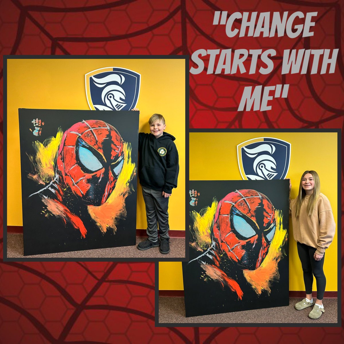 Excited 🎉 for Kayden (5th grade) and Ava (6th grade), who each won 🏆 a <a href="/codysabolart/">Cody Sabol</a> Spider-Man painting! Students were able to earn special “Change Starts with Me” tickets as part of the Hillcrest 💙💛 <a href="/Olweus/">Bullying Prevention</a> program!
Thanks to the Hillcrest PTA for bringing Cody to visit!