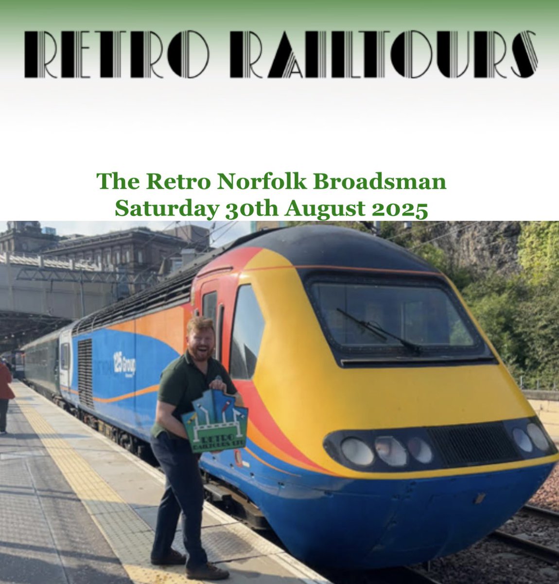 Tickets now available for the Retro Railtours “The Retro Norfolk Broadsman”

Head over to the Retro Railtours website and get ready for a High Speed Trip to the seaside!

retrorailtours.co.uk/rt26.php