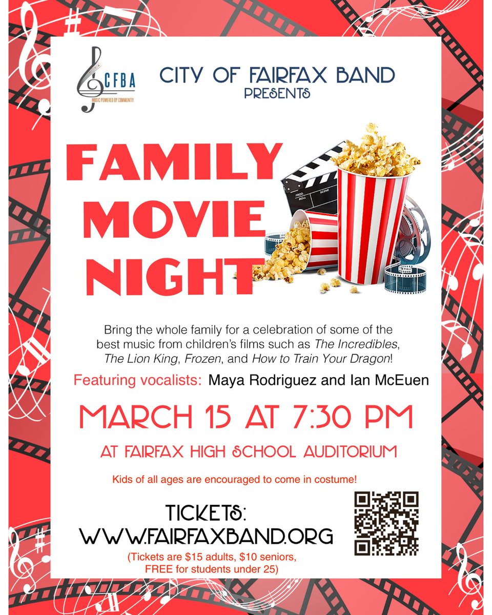 Bring the whole family for a celebration of some of the best music from children’s films such as The Incredibles, The Lion King, and Frozen. Saturday, March 15 at 7:30 p.m. at Fairfax HS. Get your tickets please go to the City of Fairfax Band website.  fairfaxband.org/product-catego…