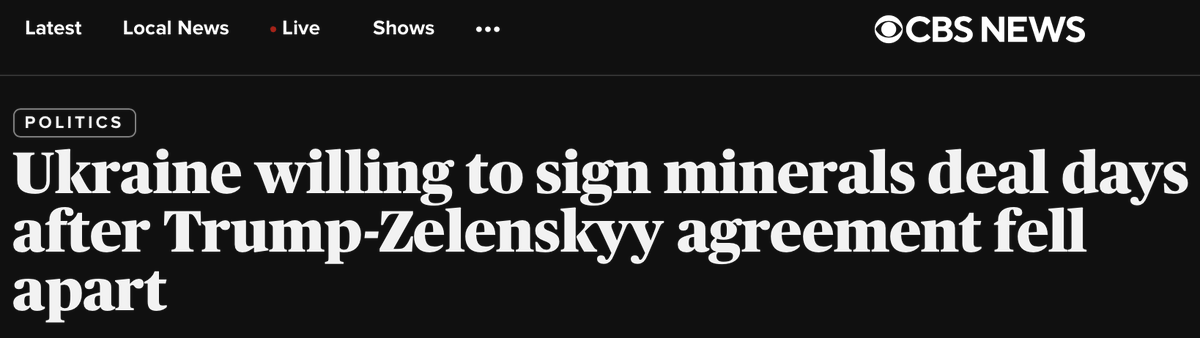 CBS: Ukraine is ready to sign the mineral deal, but now the U.S. isn’t. Bessent says the deal is off the table - for now. Sources say Trump wants a bigger, better deal. 1/