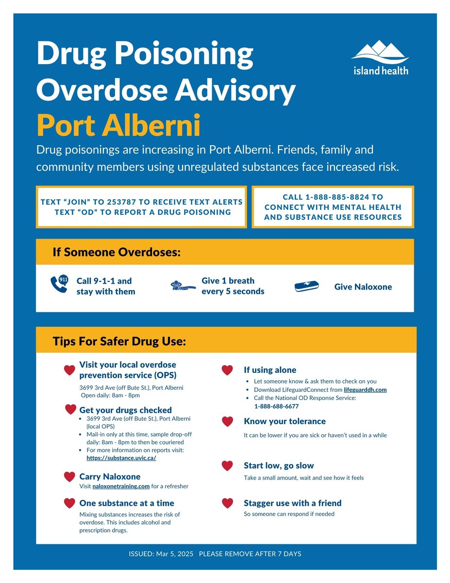 PLEASE SHARE: A Drug Poisoning/Overdose Advisory has been issued for #PortAlberni. 

Visit Island Health's Harm Reduction Services page at ow.ly/FgyS50PLkLF to find information on supervised consumption sites, drug-checking services &amp; more.