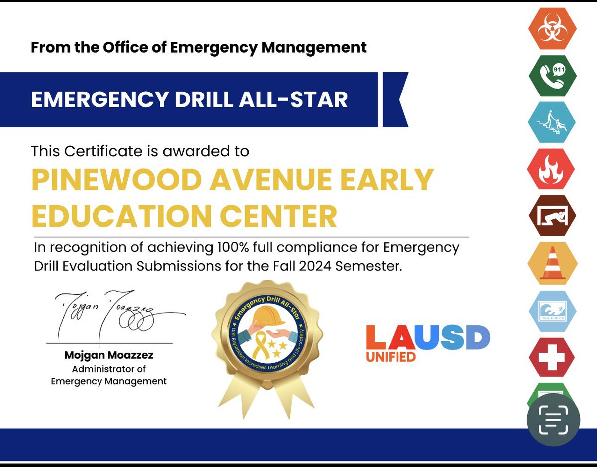 We are proud to share that PINEWOOD AVENUE EARLY EDUCATION CENTER is an "Emergency Drill All Star," having earned a Gold Ribbon for achieving Full Compliance every month during the Fall 2024 semester. <a href="/earlyed_la/">EarlyedLA</a> <a href="/LASchoolsNorth/">LAUSD Region North</a> <a href="/MLB4PreK/">Martha Borquez</a>