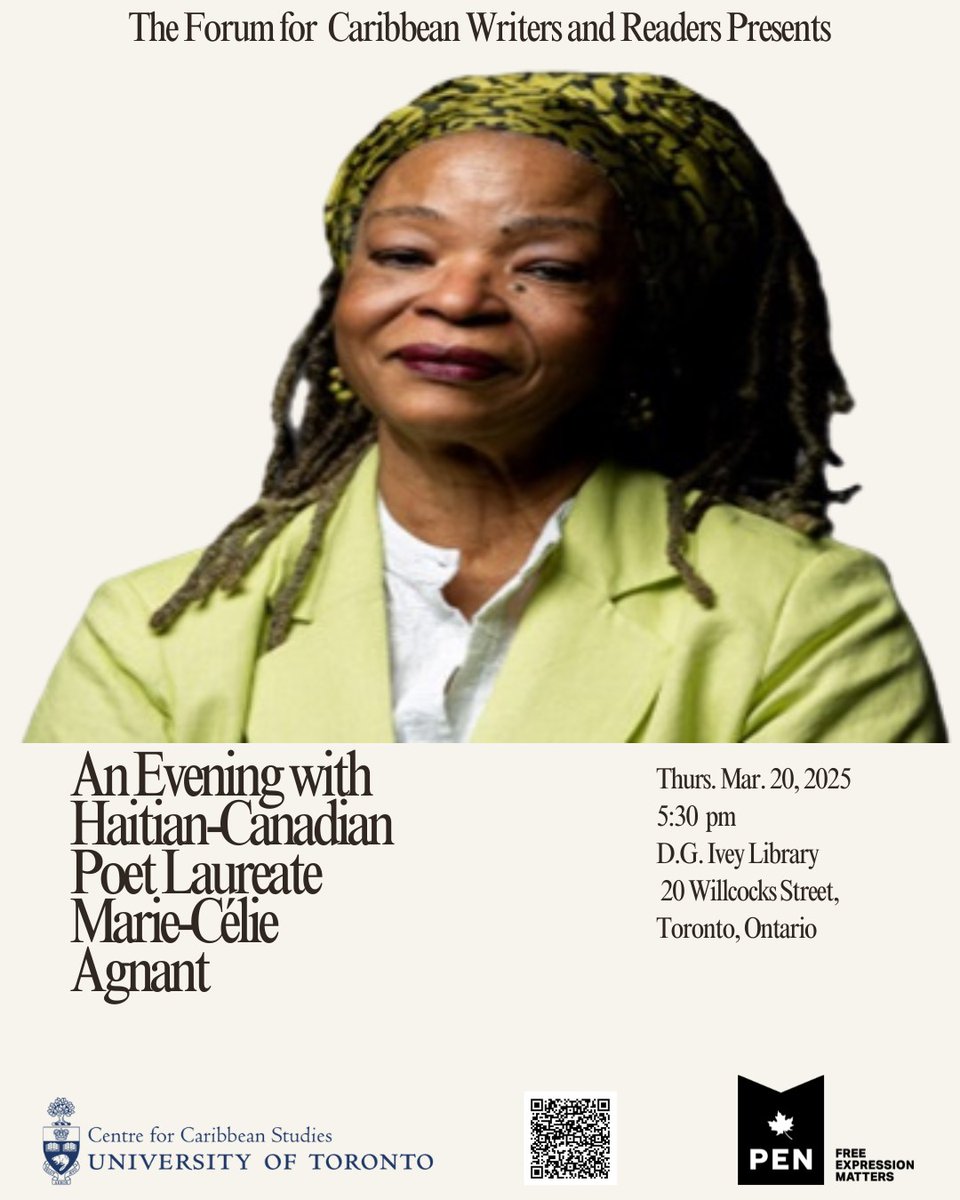 Come join us for a captivating evening with the Haitian-Canadian author, Marie-Célie Agnant. In 2023, Agnant was appointed the tenth Canadian Parliamentary Poet Laureate.  #caribbean #caribbeanwriters #haïti #uoft #poet #poetlaureate #mariecelieagnant #caribbeanstudies #PENCanada
