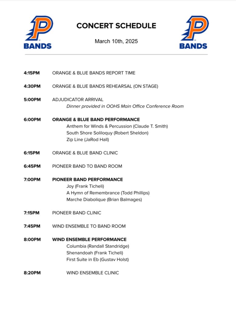 Concert Schedule for March 10