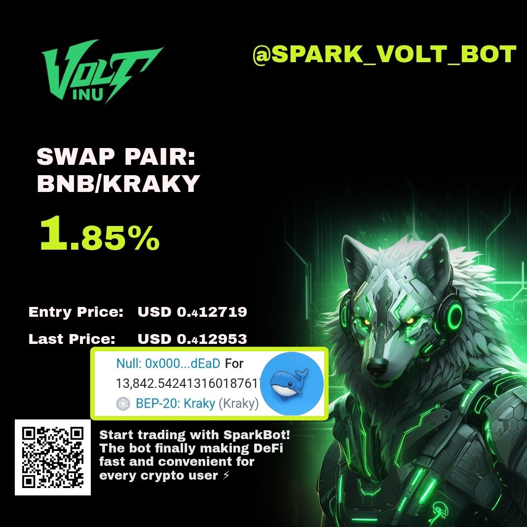 I Just got me a bag of $Kraky via SPARKBOT on the BNB chain! 
I was also able to burn it's supply using $VOLT deflationary mechanism to support both Community's.

Get your TELEGRAM  ⚡️🤖SPARKBOT NOW: t.me/spark_volt_bot… 👈