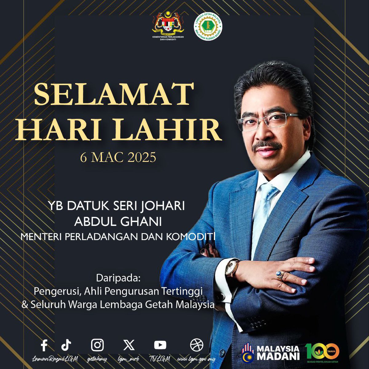 🎉 Selamat Hari Lahir YB Datuk Seri Johari Abdul Ghani! 🎂🎊

Seluruh warga Lembaga Getah Malaysia (LGM) ingin mengucapkan Selamat Hari Lahir kepada YB Datuk Seri Johari Abdul Ghani, Menteri Perladangan dan Komoditi.