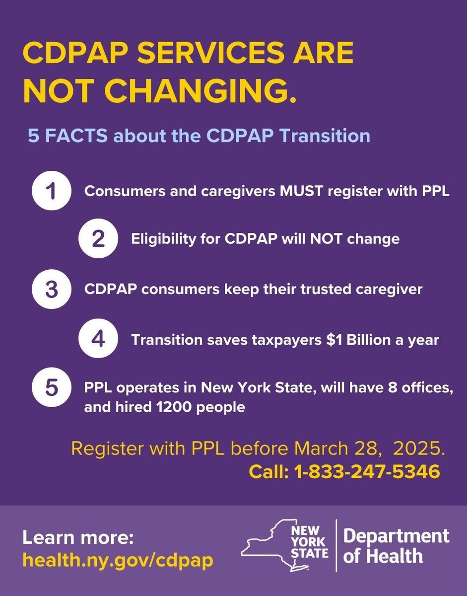 NYSDOHMEDICAID's tweet image. Don’t let the rumors intimidate you. Get the FACTS about the #NYSMedicaid #CDPAP transition. Take action and register with @PartnerwithPPL before March 28! #homecare #caregiver