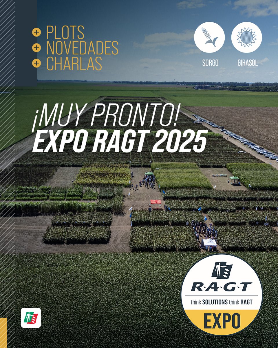 ¡Se acerca #ExpoRAGT 2025! 🌻🌾
Llega una jornada donde el conocimiento y la tecnología se combinan para potenciar tu producción.

🔎 Últimas innovaciones en #sorgo y #girasol.
📍Recorrida de plots + información clave.

🎤 Charlas con especialistas.

¡Pronto más novedades!