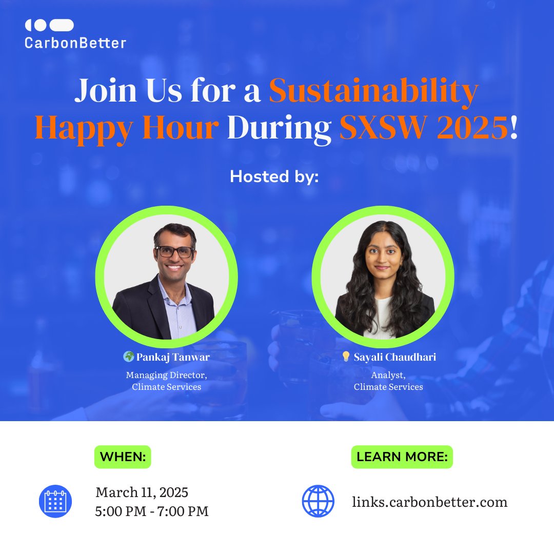 Excited to share that Pankaj Mohan Singh Tanwar and Sayali Chaudhari are hosting CarbonBetter's Sustainability Happy Hour on Tuesday, March 11, from 5:00 PM to 7:00 PM in Austin, Texas during SXSW 2025! Spots are limited—request to join now: lu.ma/gc87xcnm