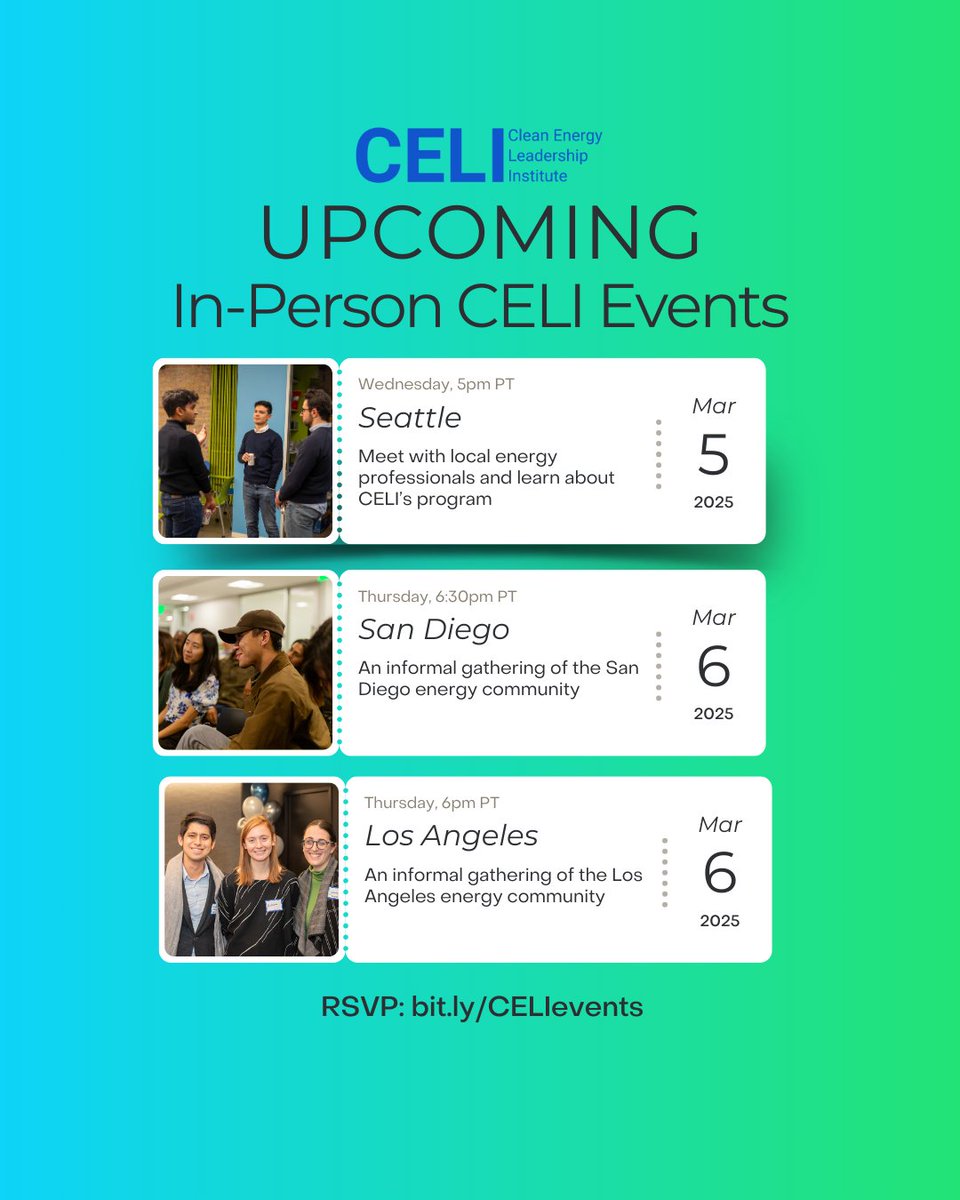 ⚡️Last In-Person Events are coming up - if you live in Seattle, San Diego or LA, come meet our alumni in-person. RSVP: bit.ly/CELIevents