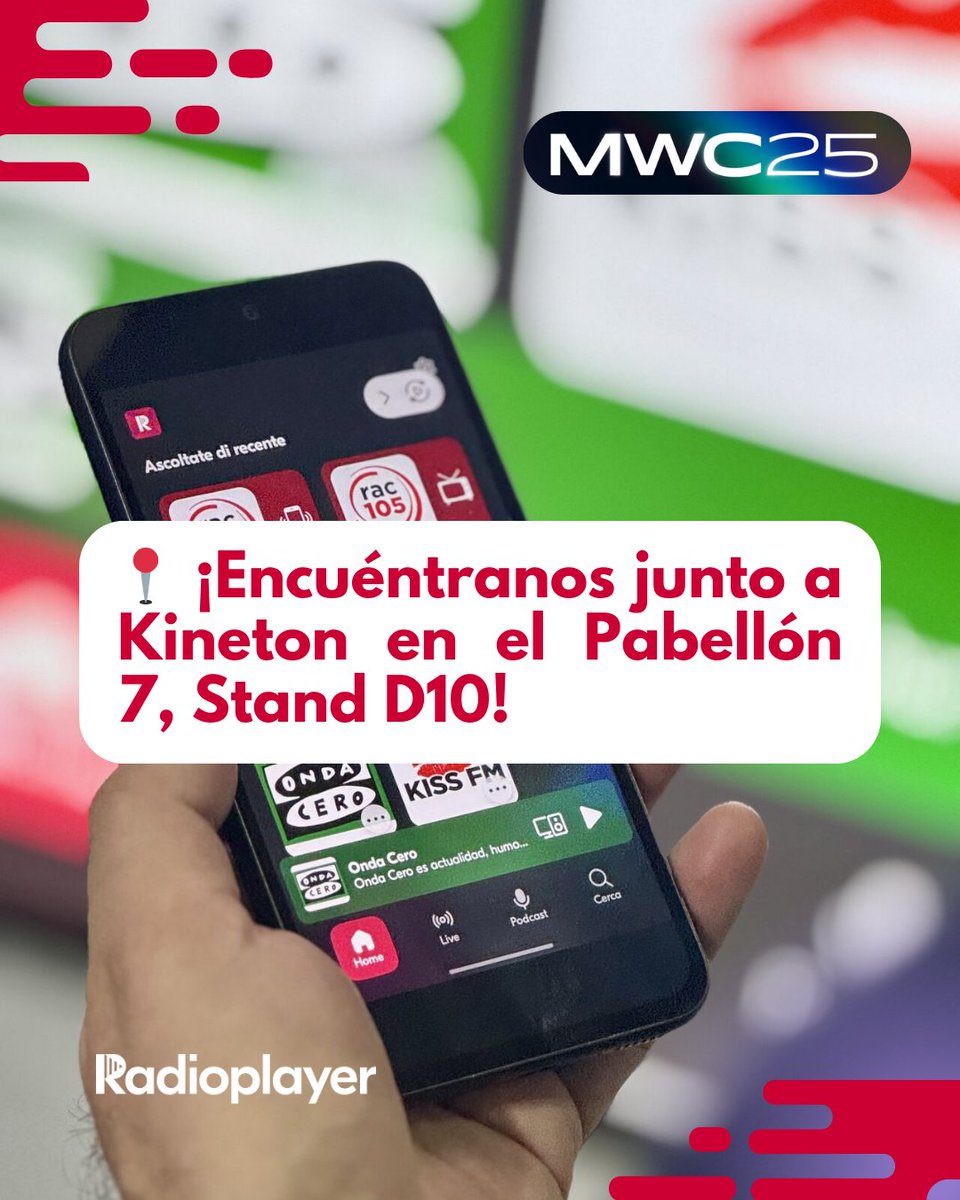 Estamos en el Mobile World Congress 2025 de Barcelona y quién mejor para hablar del futuro de la radio que nuestra directora en España, Sonia Domarco.

📍Te esperamos en el Stand D10, en el Pabellón 7, junto a Kineton. ¡Ven a saludarnos!
#mwc #mobileworldcongress  #radioplayer