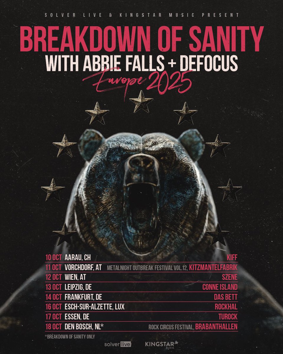 ⚠️TOUR ANNOUNCEMENT🇪🇺 
We're stoked to be back on the road this fall with the awesome Abbie Falls and Defocus ! 😍 Tickets available this Friday, stay tuned!
#bos #breakdownofsanity #abbiefalls #defocus #modernmetal #metalcore