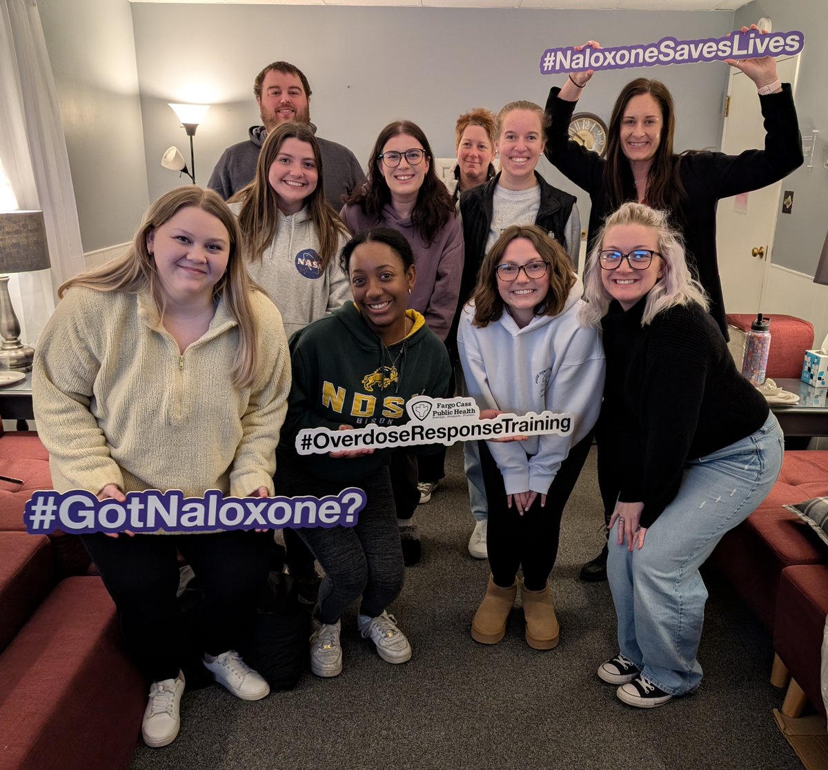 FCPH's tweet photo. Show some โค๏ธ for the amazing RACC of Fargo-Moorhead Rainbow Bridge staff. Yesterday, they received opioid overdose response & Narcan administration training & #Narcan. You can save a life, too- call 701.241.1341 to request free training. #FCPH #overdoseresponsetraining #naloxone https://t.co/obtIQXtMga