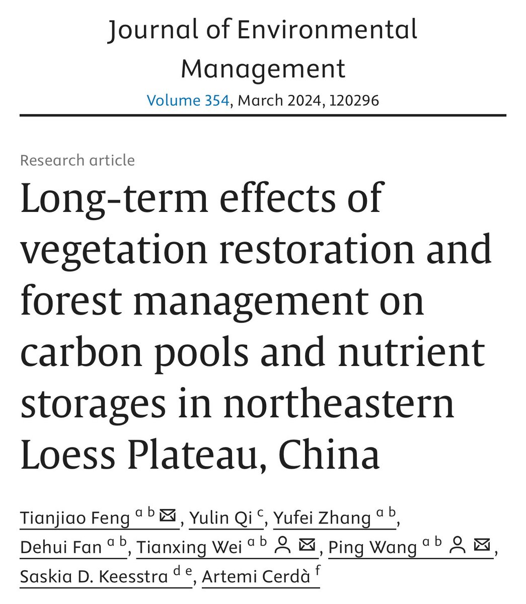 ArtemioCerda's tweet photo. Vegetation is the key 

Long-term effects of vegetation restoration and forest management on carbon pools and nutrient storages in northeastern Loess Plateau, China
T Feng, Y Qi, Y Zhang, A Cerdà
Journal of Environmental Management 354, 120296, 2024
7

https://t.co/TIZpEhrBcs https://t.co/W3AF2edzZu