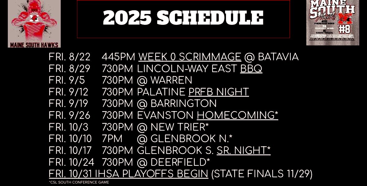 Since 1990, #MSFB football has brought us 6 IHSA State Championships, over 300 victories, 28 CSL Championships and the largest crowds to attend any Maine South events. Friday Night Lights is something spectacular that all of Maine South and Park Ridge can be proud!  Go Hawks!