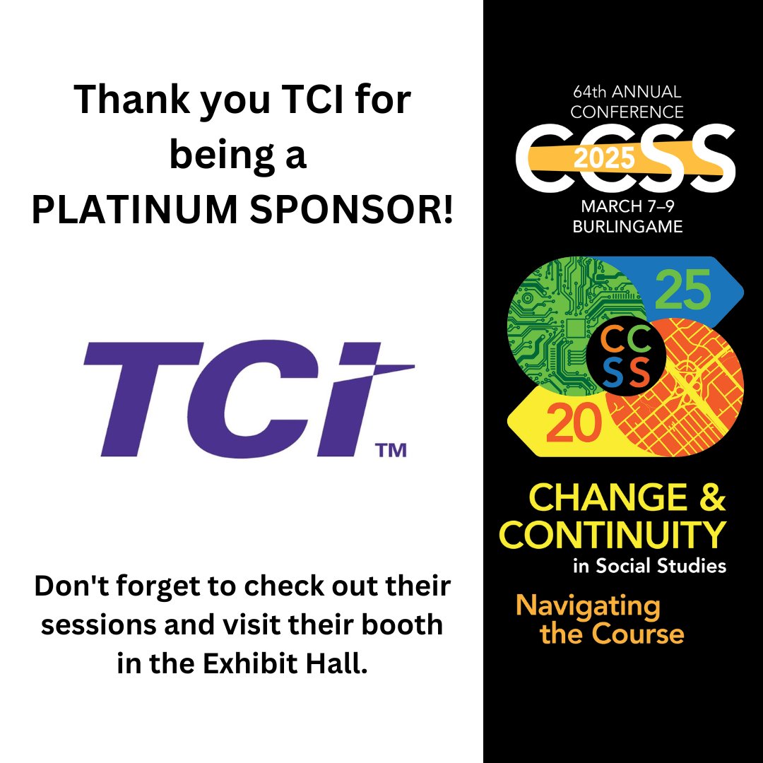 We're excited for our conference to continue today and want to thank TCI @teach_tci for your continued support and for being a Platinum Sponsor. #CCSS25