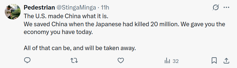 Bevin83994661's tweet photo. "We saved China". Lol!

China fought Japan for 14 years, from 1931 to 1945, and accounted for 70% of Japan's casualties.

The US fought Japan for only three years, starting in 1941 with Pearl Harbor.

Before that, it supplied Japan with war materiel used against China. https://t.co/iY0e1Juc3R