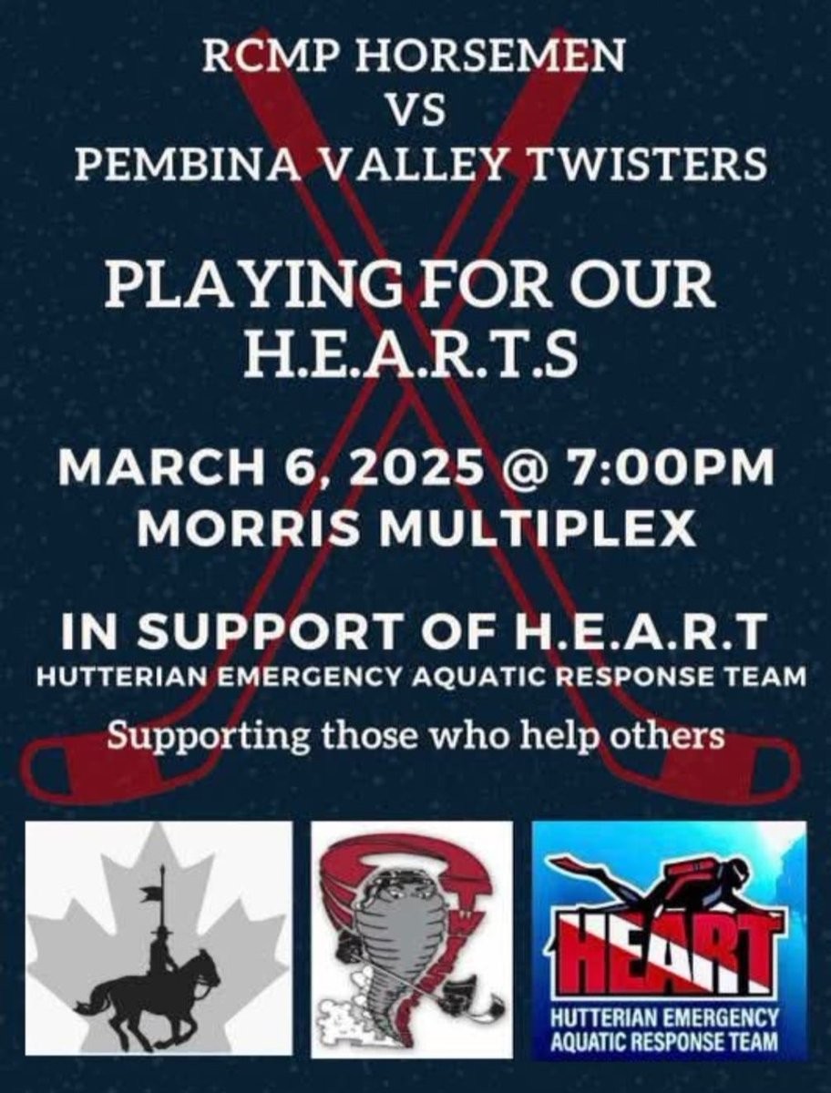 Join us tomorrow night for a charity hockey game! The Twisters will be taking on the RCMP. $10 at the door. The event features a live band, Twisters alumni, and the RCMP commander of Mantioba in the game. All proceeds will be going to the HEART Team.