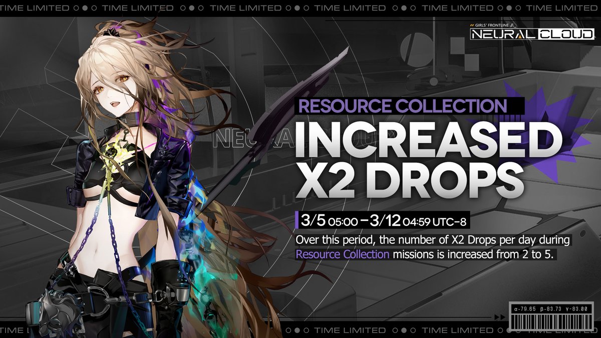 Dear Professor,
Increased x2 Drops for Resource Collection will be available for a limited time! Over this period, the number of X2 Drops per day is increased from 2 to 5! Get the resources you need for future battles!
〓Duration〓
3/5 05:00 - 3/12 04:59  UTC-8

#NeuralCloud