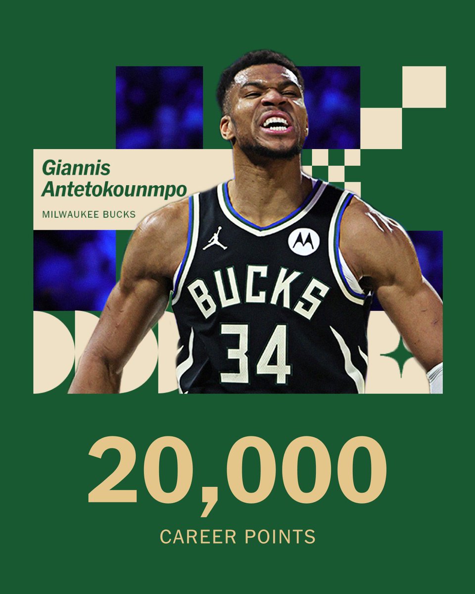 TheAthletic's tweet photo. 20,000 career points for Giannis Antetokounmpo 🚨

He is the 52nd player in history to score that many points and the first in Milwaukee Bucks franchise history to do so. https://t.co/t2MJZGhQg2