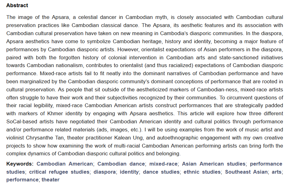 Recommend Reading‼️ 

*Apsara Aesthetics and Belonging: On Mixed-Race Cambodian American Performance*

This article will explore how three different SoCal-based artists have negotiated their Cambodian American identity and cultural politics.

More at 👉mdpi.com/2592972