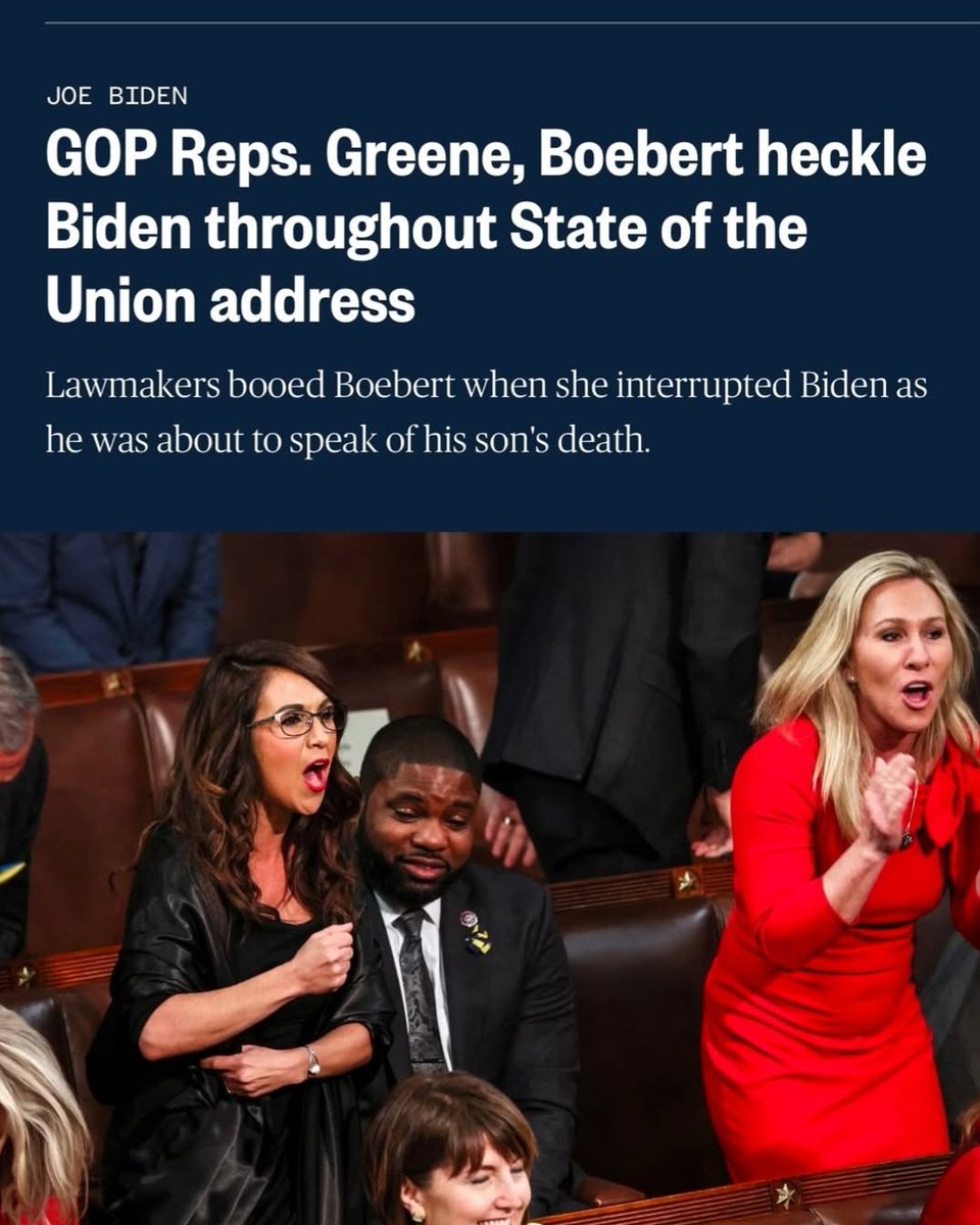 maurice8th's tweet image. So where&apos;s the fucking outrage when these #skunts mocked and jeered #Biden when he was about to talk about his son dying? #MarjorieTaylorGreene #LaurenBoebert #stateoftheunion #MAGAMorons