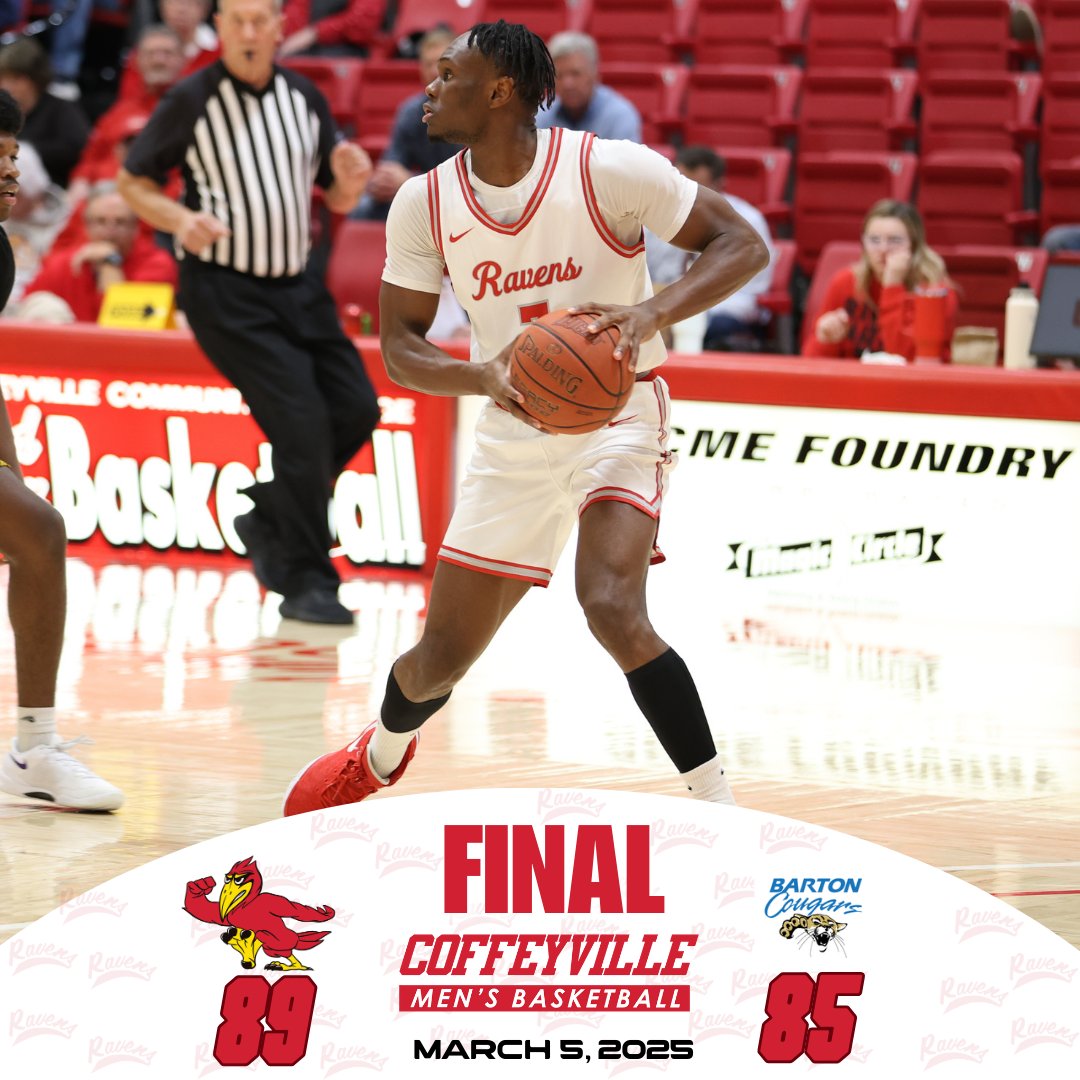 Red Raven Sports (@redravensports) on Twitter photo MBB
Final
#21 Red Ravens end the regular season with an 89-85 defeat of the #14 Barton Cougars!
Raven Game Leaders;
Ruth - 22 pts
Griffith - 20 pts
Taylor - 12 pts
Ntambwe - 12 pts & 7 rebs
Kuta - 10 pts & 6 rebs
<a href="/cccredravens/">Coffeyville CC</a> <a href="/CoffeyvilleMBB/">Coffeyville Men’s Basketball</a> MBB
Final
#21 Red Ravens end the regular season with an 89-85 defeat of the #14 Barton Cougars!
Raven Game Leaders;
Ruth - 22 pts
Griffith - 20 pts
Taylor - 12 pts
Ntambwe - 12 pts & 7 rebs
Kuta - 10 pts & 6 rebs
<a href="/cccredravens/">Coffeyville CC</a> <a href="/CoffeyvilleMBB/">Coffeyville Men’s Basketball</a>