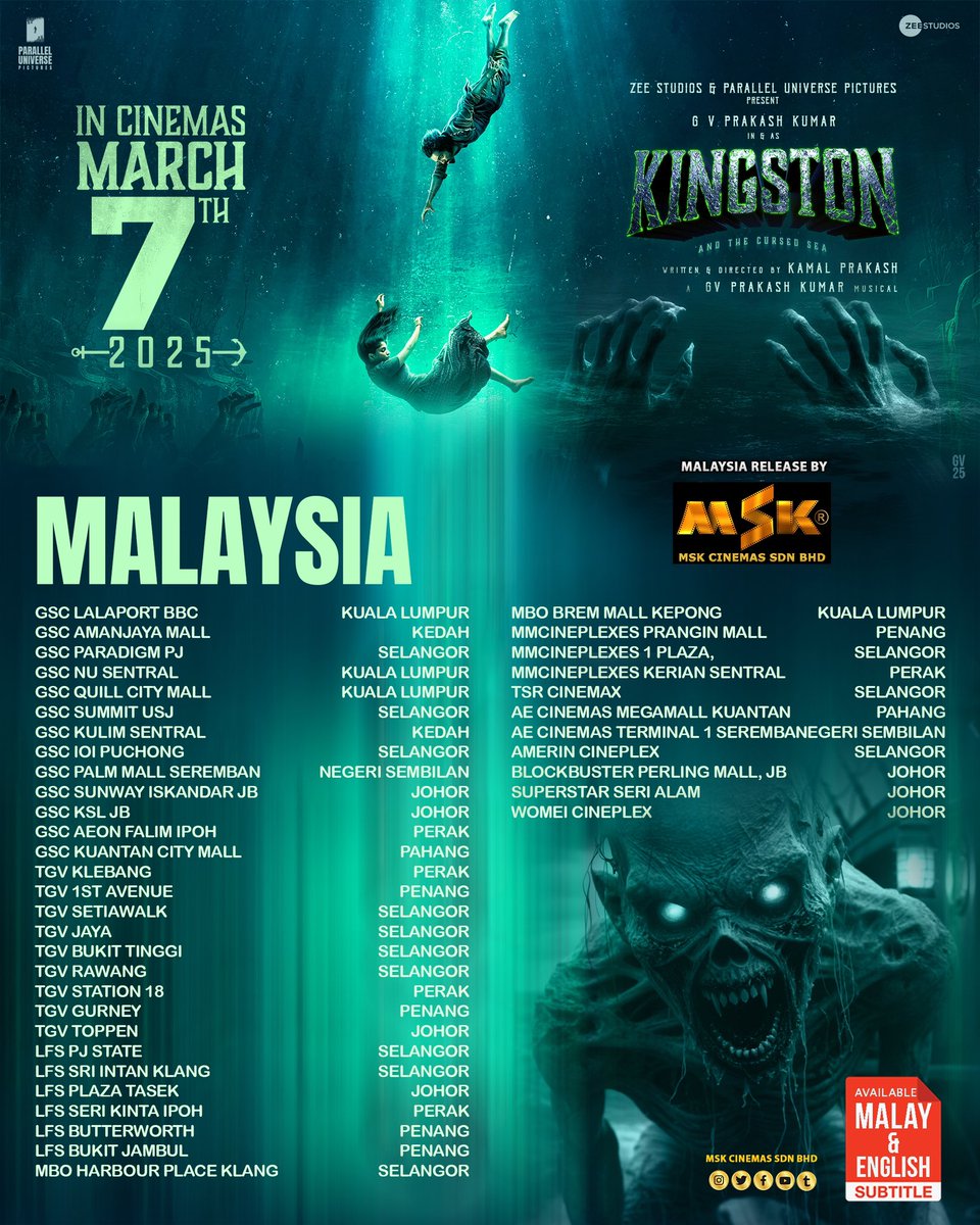 MSK Cinemas Sdn Bhd (@mskcinemas) on Twitter photo Helo Malaysia 🇲🇾
Here’a presenting Malaysia Cinemas Listing for <a href="/gvprakash/">G.V.Prakash Kumar</a> #Kingston India’s first SEA FANTASY HORROR ADVENTURE, in theatres on March 7th.
Malaysia release by
<a href="/mskcinemas/">MSK Cinemas Sdn Bhd</a> @official_mskcinemas @saradha_sivalingam_kalai @mskalaimsk
A film by <a href="/storyteller_kp/">Kamal Prakash</a>. Helo Malaysia 🇲🇾
Here’a presenting Malaysia Cinemas Listing for <a href="/gvprakash/">G.V.Prakash Kumar</a> #Kingston India’s first SEA FANTASY HORROR ADVENTURE, in theatres on March 7th.
Malaysia release by
<a href="/mskcinemas/">MSK Cinemas Sdn Bhd</a> @official_mskcinemas @saradha_sivalingam_kalai @mskalaimsk
A film by <a href="/storyteller_kp/">Kamal Prakash</a>.