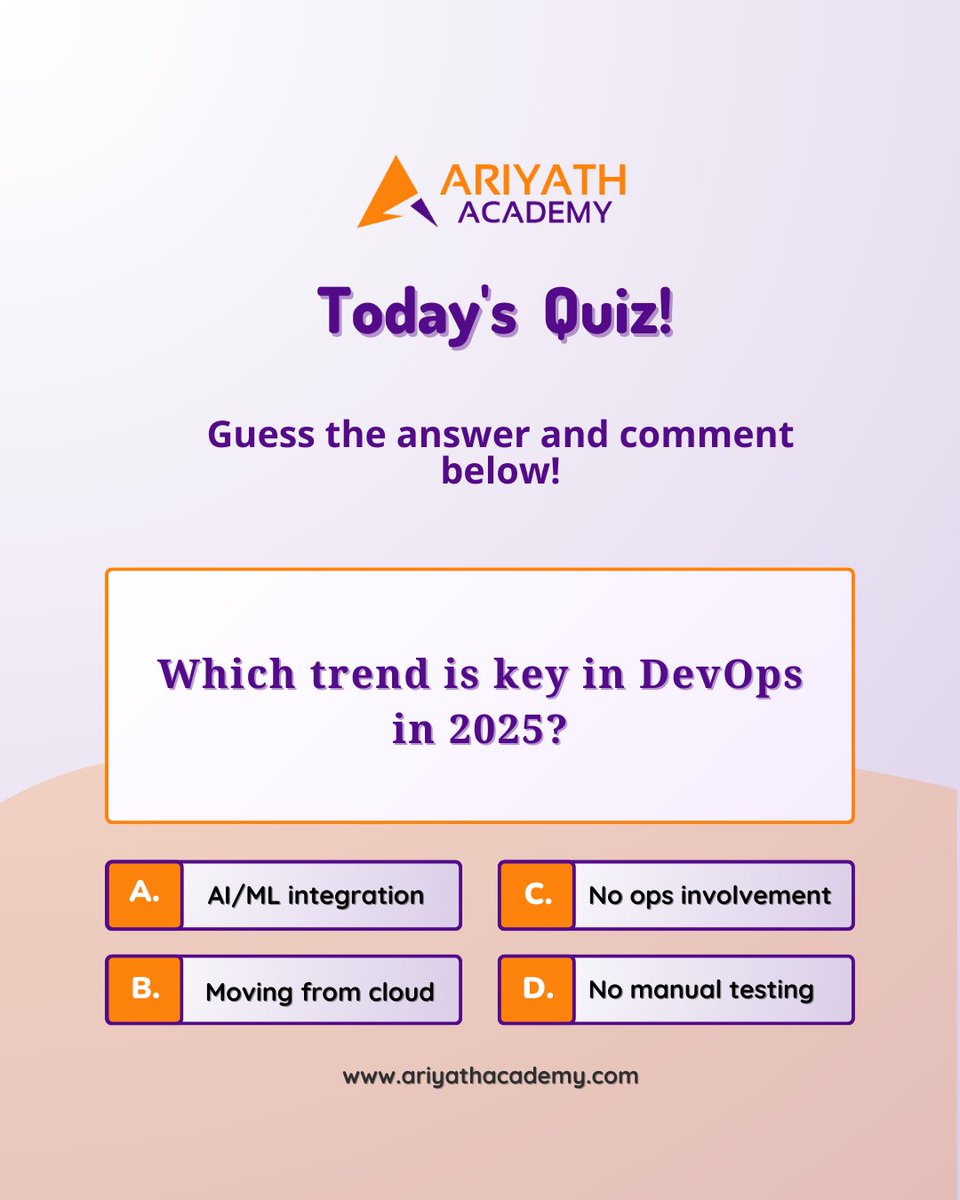 ariyath_academy's tweet image. Which trend do you think will shape DevOps in 2025? 🤔💭 Comment below! 👇
#DevOps2025 #FutureOfDevOps #Automation #AriyathAcademy #TechTrends #CloudComputing