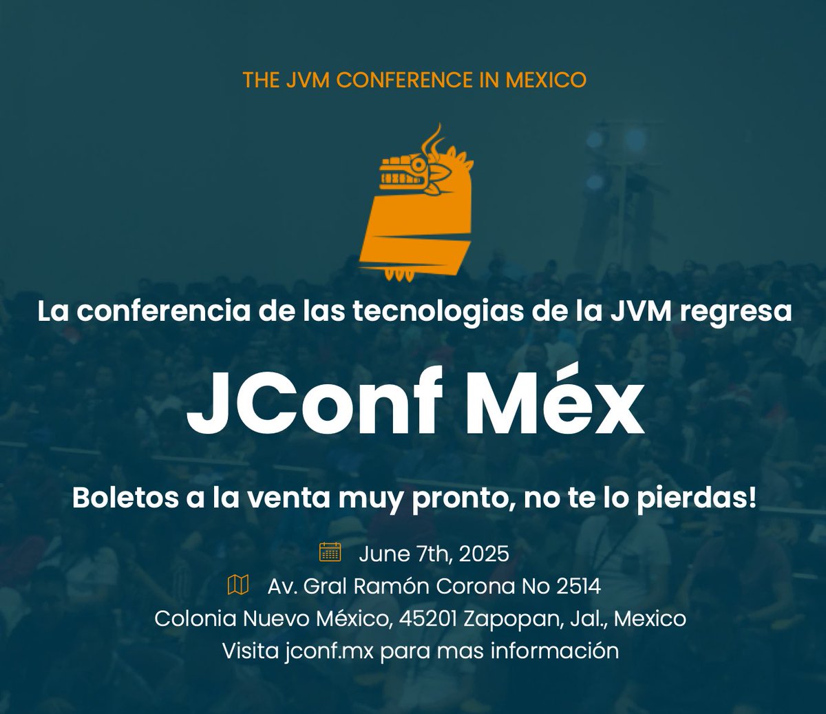 j4Guanatos (@j4guanatos) on Twitter photo Java, Kotlin, Groovy y más en Guadalajara
Este 7 de junio, acompáñanos en el Tecnológico de Monterrey, campus Guadalajara, para una jornada dedicada a las tecnologías de la JVM.
Muy pronto estarán disponibles los boletos. ¡No te lo pierdas!
<a href="/jconfmexico/">JConf Mexico</a> <a href="/java_gdl/">GDL JUG</a> <a href="/KUG_GDL/">Kotlin Guadalajara User Group</a> Java, Kotlin, Groovy y más en Guadalajara
Este 7 de junio, acompáñanos en el Tecnológico de Monterrey, campus Guadalajara, para una jornada dedicada a las tecnologías de la JVM.
Muy pronto estarán disponibles los boletos. ¡No te lo pierdas!
<a href="/jconfmexico/">JConf Mexico</a> <a href="/java_gdl/">GDL JUG</a> <a href="/KUG_GDL/">Kotlin Guadalajara User Group</a>