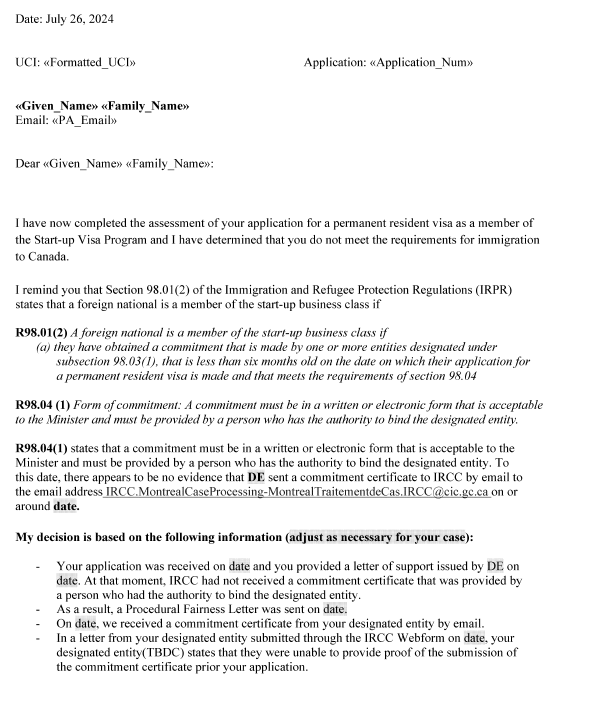 smeurrens's tweet photo. There is a growing issue in the Start-Up Business Class where IRCC claims that designated organizations never submitted the required written commitments to the Department.

Below is the IRCC's template for this type of refusal. https://t.co/YRpnzbF5d6