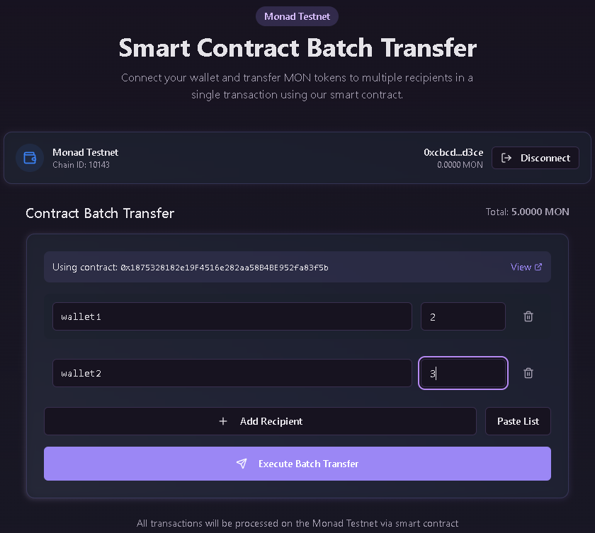 Our Batch Transfer Tool allows users to send MON to multiple wallets in a single transaction—thanks to our custom smart contract deployed on Monad.

⚡ Efficient, scalable, and built for speed!
💡 EVM-compatible – Our contract can be deployed on any EVM network, proving the