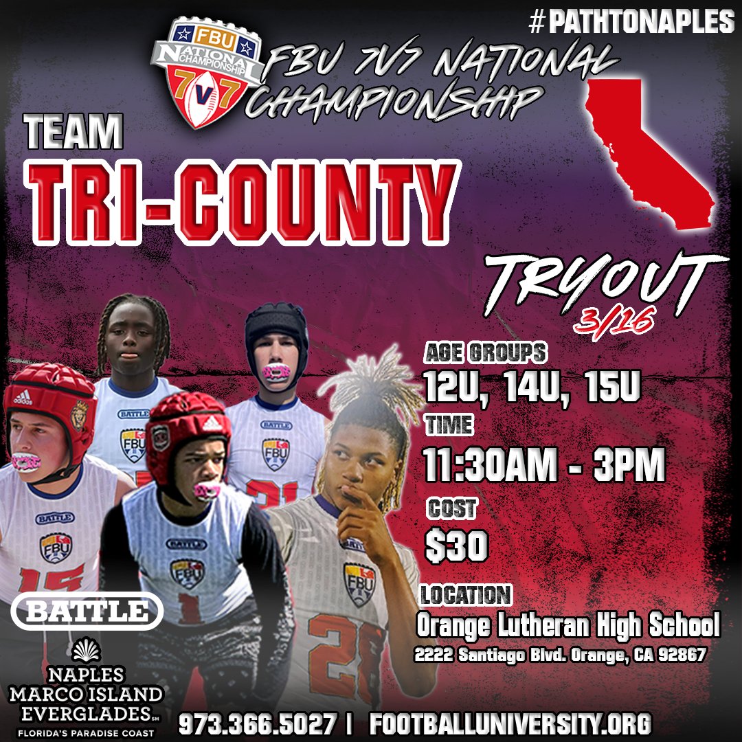🚨 Tri-County 🚨

AGE GROUPS:
12U, 14U, 15U

Are you ready to find YOUR team and make the squad? 🔥📈

WHO WILL BE CROWNED 👑 CHAMPIONS?

Join here: 👇👇
register.footballuniversity.org/site/register/…

#FBU #fbu7v7 #paradisecoast #pathtonaples