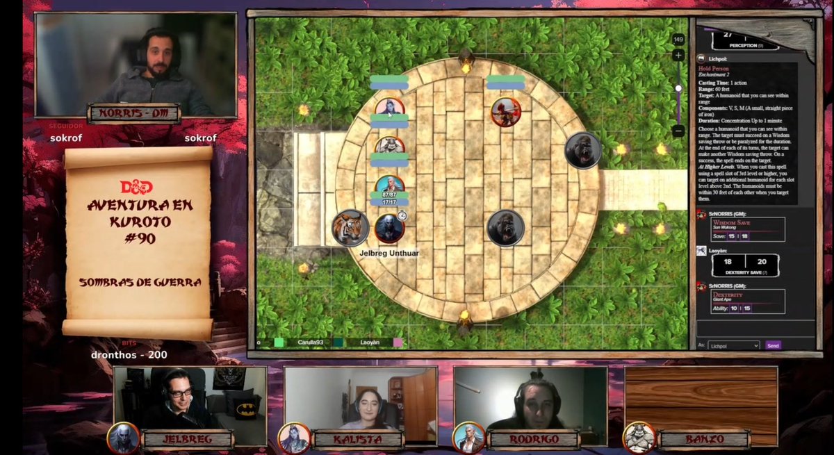 Gran partida de nuestro máster Norris. Tres bardos y un bárbaros, que puede malir sal?

#twitch #dungeonsanddragons #dnd5e #aventura #yokai #rol