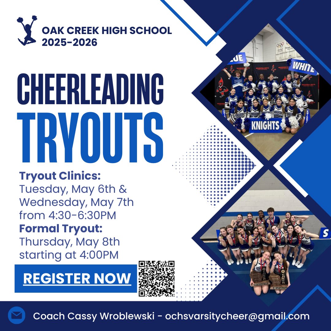 Oak Creek High School Varsity Cheer (@cheer_oc) on Twitter photo ‼️TRYOUT DATES ARE SET‼️ Click the link in our bio for more information and to sign up! See you in May! 🤩 #Tryouts #NewSeason #DefendingStateChamps #GoinBackToBackAgain <a href="/Athletics_OCHS/">Knights Athletics</a> <a href="/OCFSD/">Oak Creek Schools</a> ‼️TRYOUT DATES ARE SET‼️ Click the link in our bio for more information and to sign up! See you in May! 🤩 #Tryouts #NewSeason #DefendingStateChamps #GoinBackToBackAgain <a href="/Athletics_OCHS/">Knights Athletics</a> <a href="/OCFSD/">Oak Creek Schools</a>